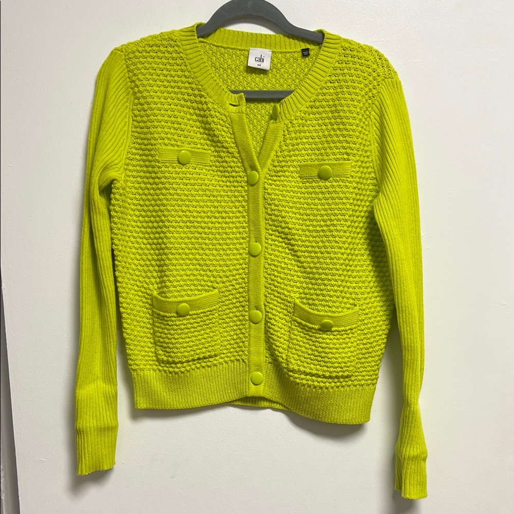 CAbi Bright Neon Yellow Chartreuse Women's Cotton Blend Cardigan Medium